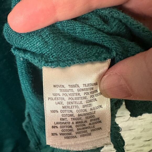 Anthropologie Knitted & Knotted top aqua knit satin crocheted Lace back Layered - Picture 4 of 9